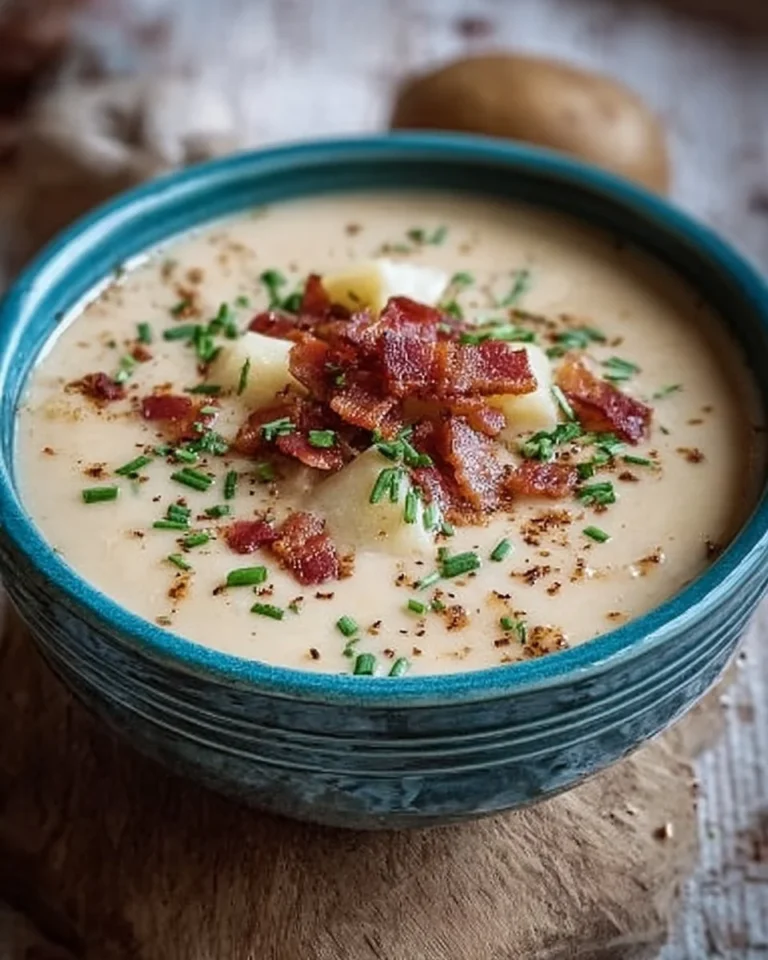 Bowl of rich & creamy potato bacon soup with crispy bacon topping