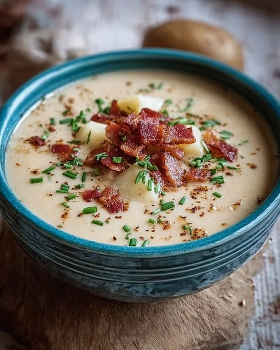 Bowl of rich & creamy potato bacon soup with crispy bacon topping