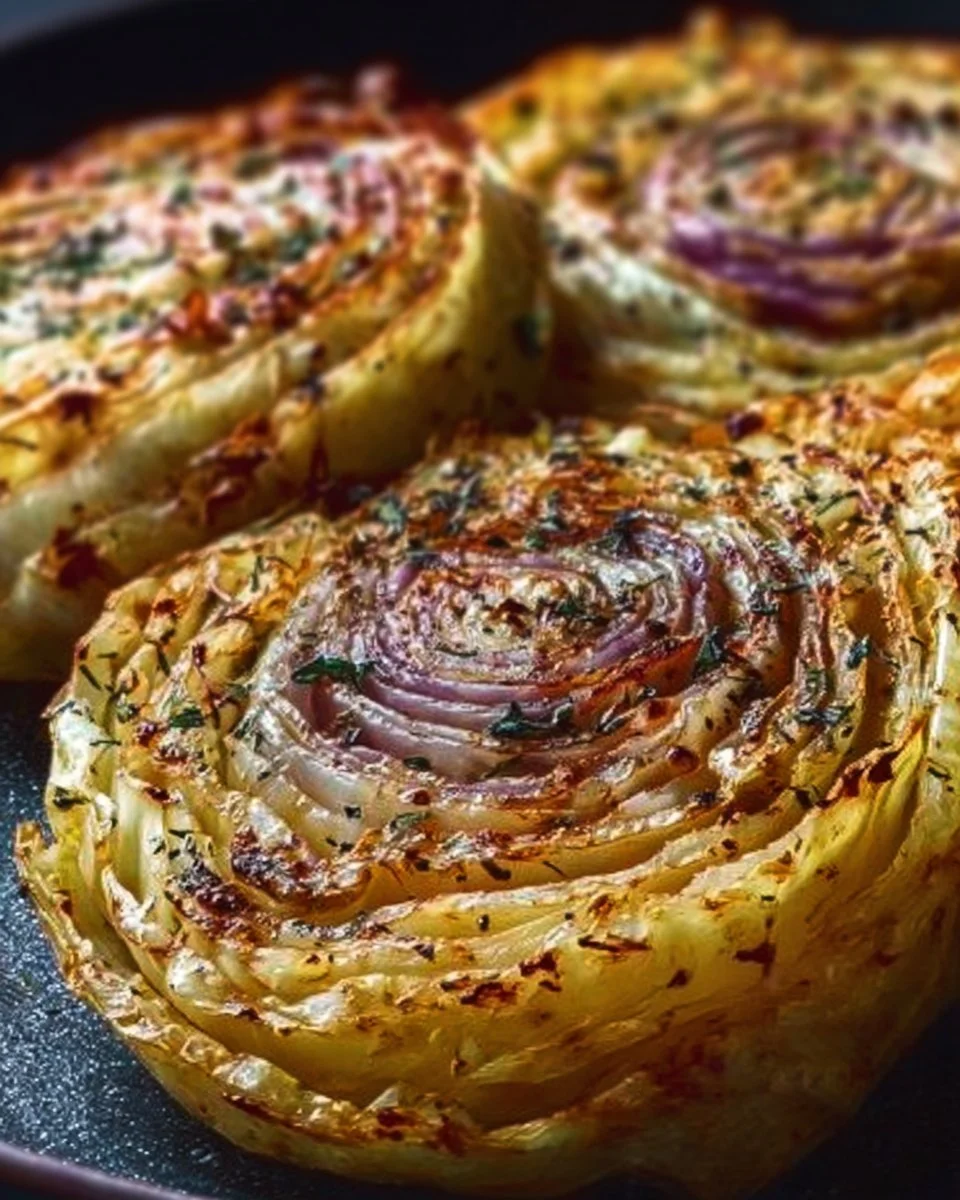Roasted cabbage steaks served on a plate with herbs and spices