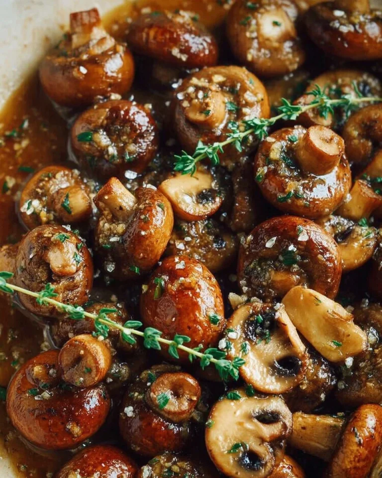 Plate of roasted mushrooms in browned butter sauce garnished with herbs