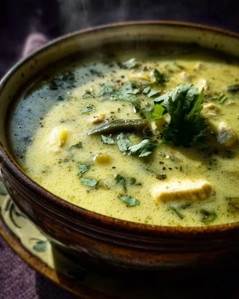 Delicious bowl of roasted poblano soup garnished with cilantro and cream