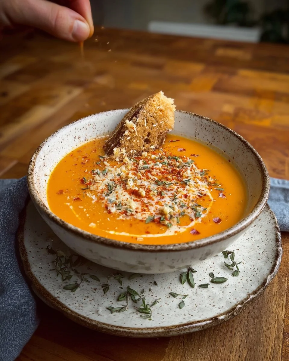 A bowl of creamy roasted sweet potato soup garnished with herbs and spices.