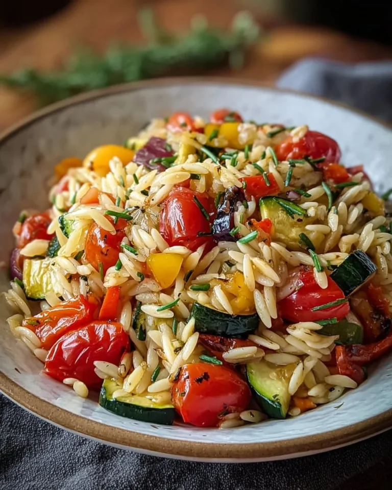 A bowl of roasted vegetable orzo with colorful veggies and herbs.