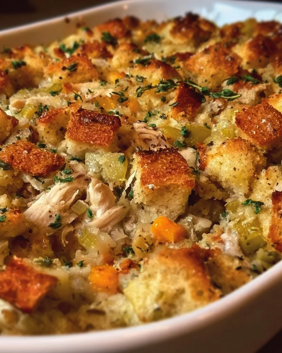 Rotisserie chicken stuffing casserole fresh out of the oven