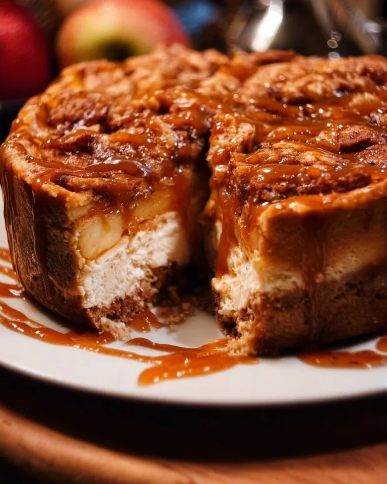 Slice of Salted Caramel Apple Pie Cheesecake topped with caramel sauce and apple slices