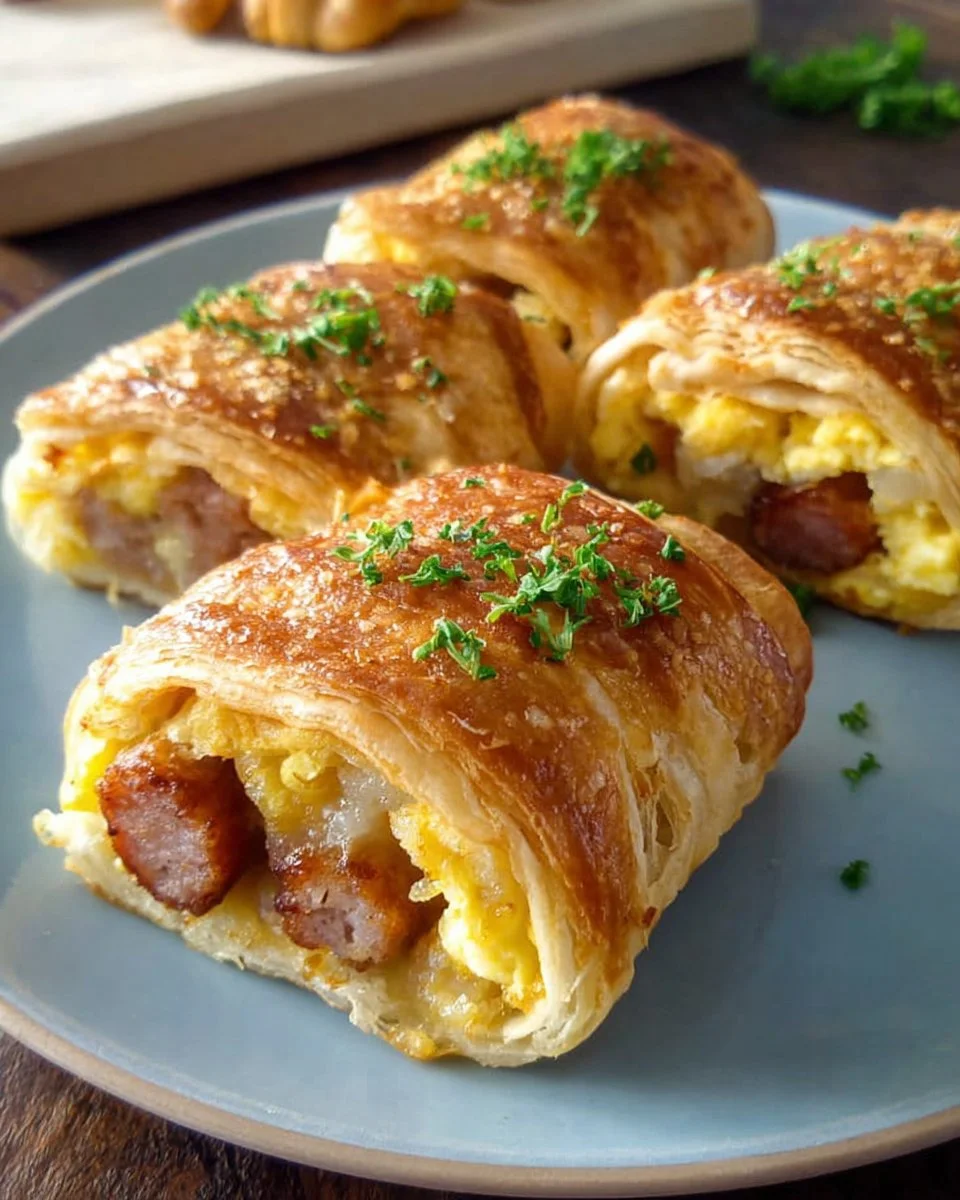 Delicious sausage egg breakfast roll-ups ready to enjoy for a quick morning meal.