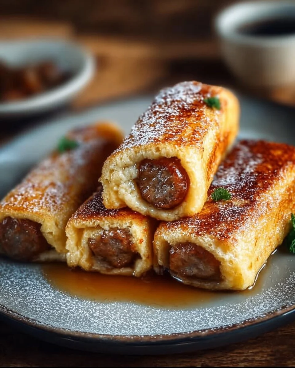Sausage French Toast Roll-Ups with syrup and garnish on a plate
