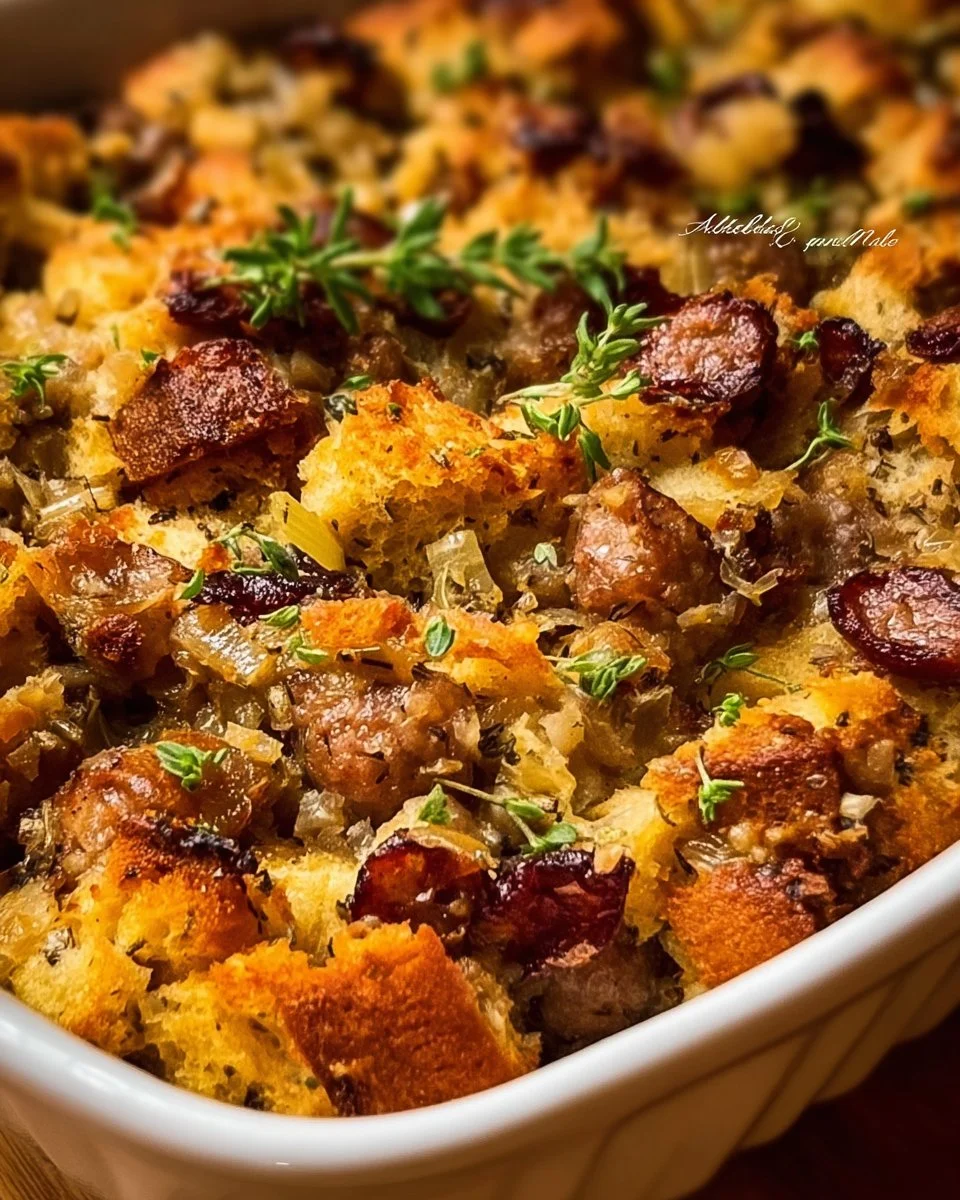 Delicious homemade sausage stuffing made with fresh ingredients and herbs.