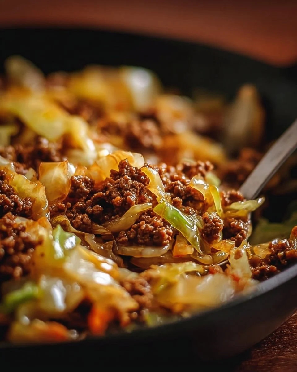 Savory dish featuring ground beef and cabbage on a plate garnished with herbs