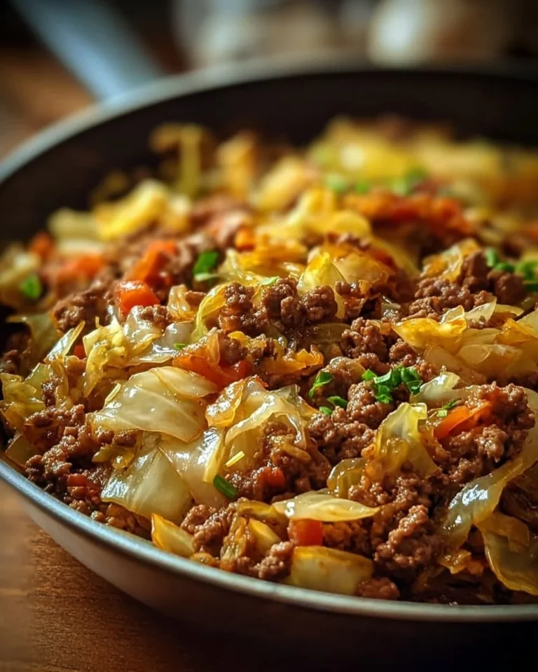 Savory ground beef and cabbage skillet served in a pan with spices and herbs.