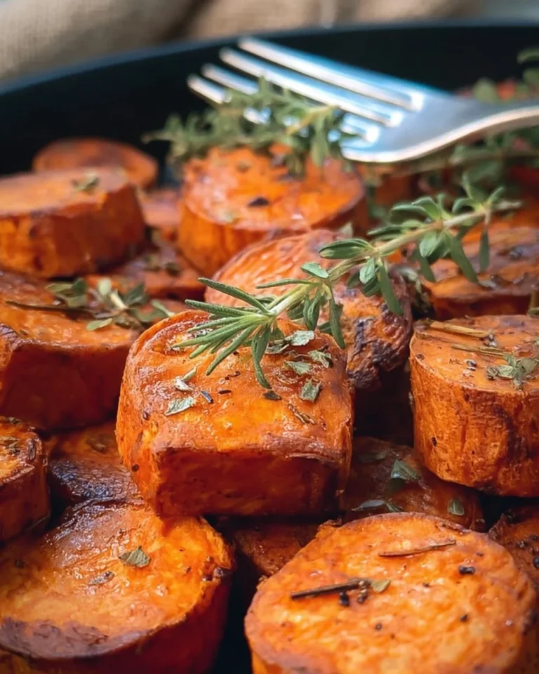 Savory roasted sweet potatoes garnished with herbs and spices on a serving dish