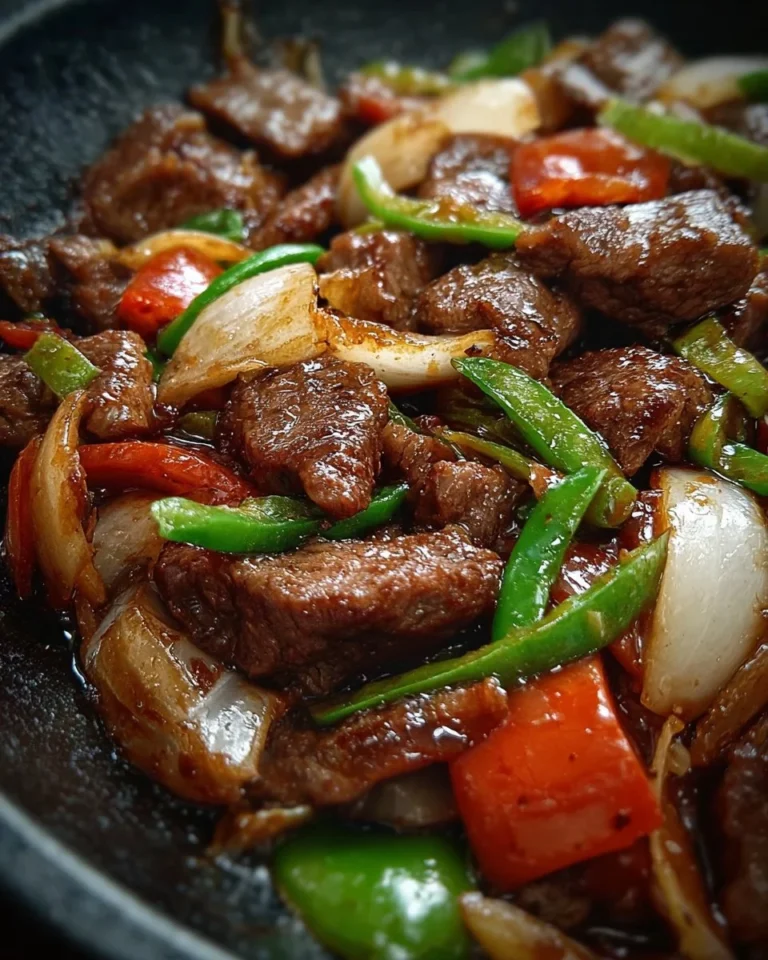 Sizzling Chinese pepper steak with onions served on a plate