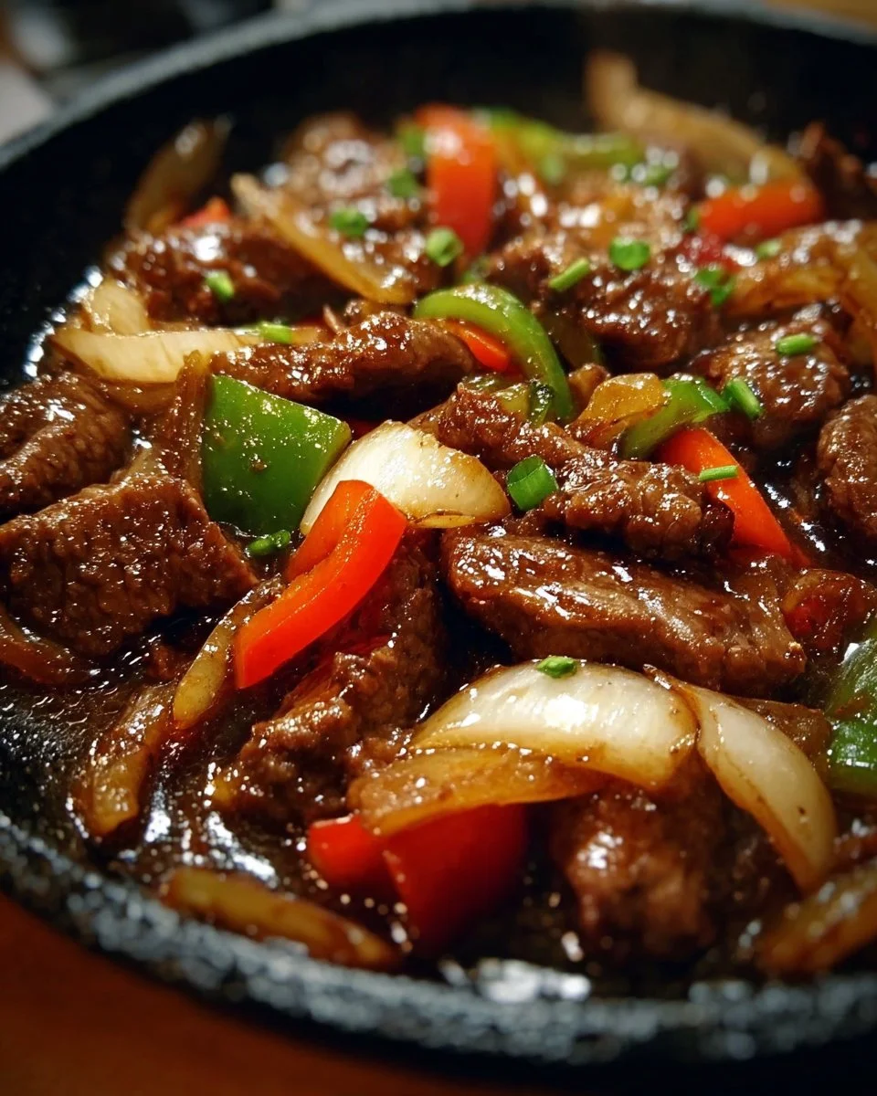 Sizzling Chinese pepper steak with onions served on a plate