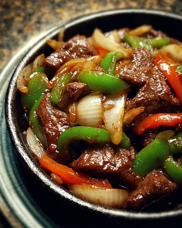 Sizzling Chinese pepper steak with onions served on a plate
