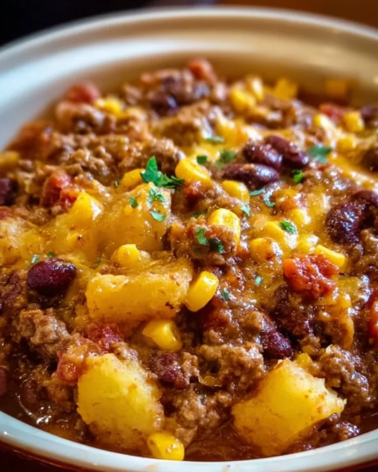 Delicious slow cooker cowboy casserole loaded with meat and veggies