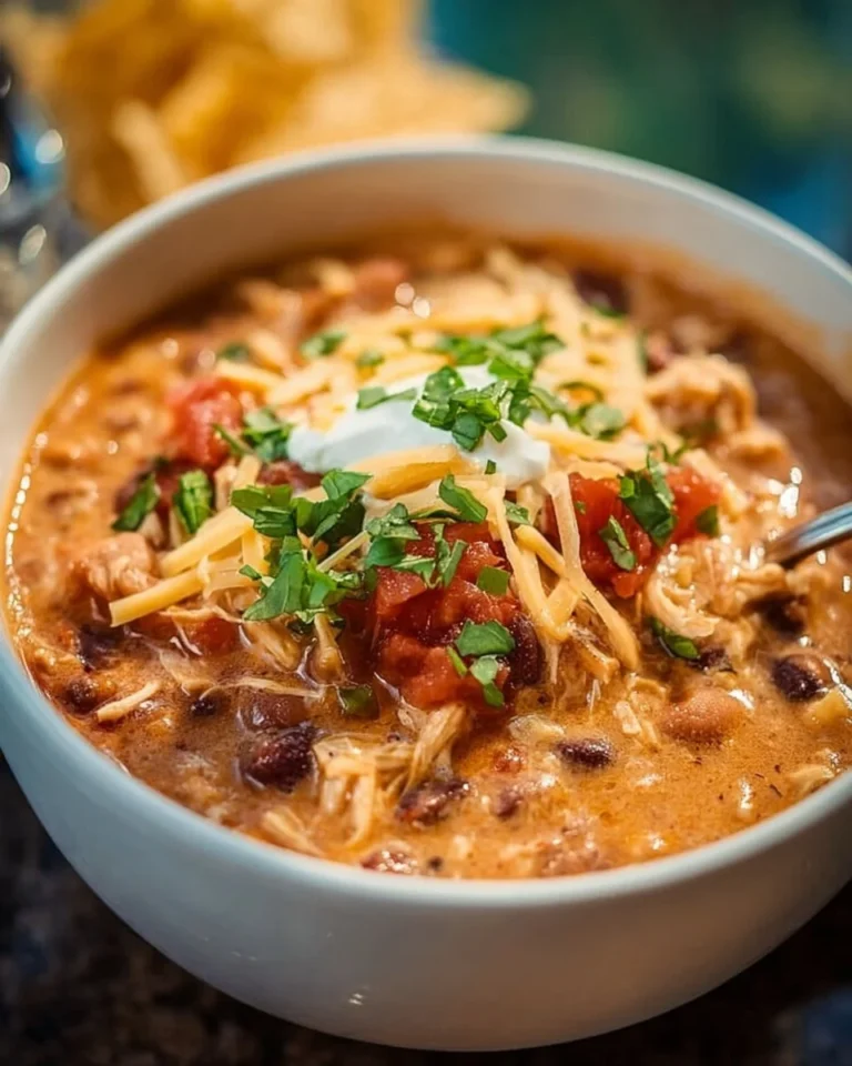 Bowl of slow cooker cream cheese crack chicken chili garnished with herbs