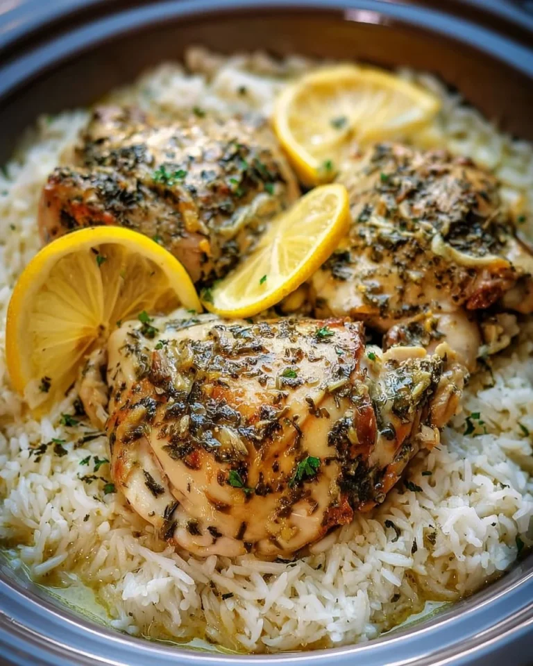 Delicious slow cooker lemon herb chicken served with fluffy rice
