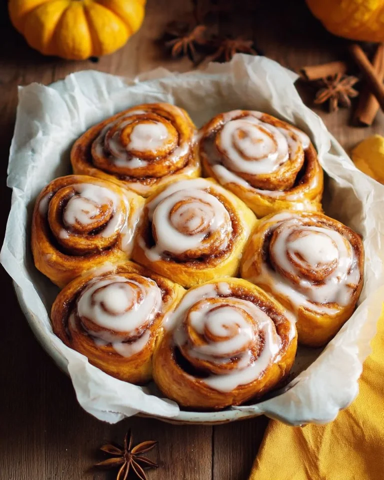 Soft pumpkin cinnamon rolls with cream cheese frosting on a wooden table