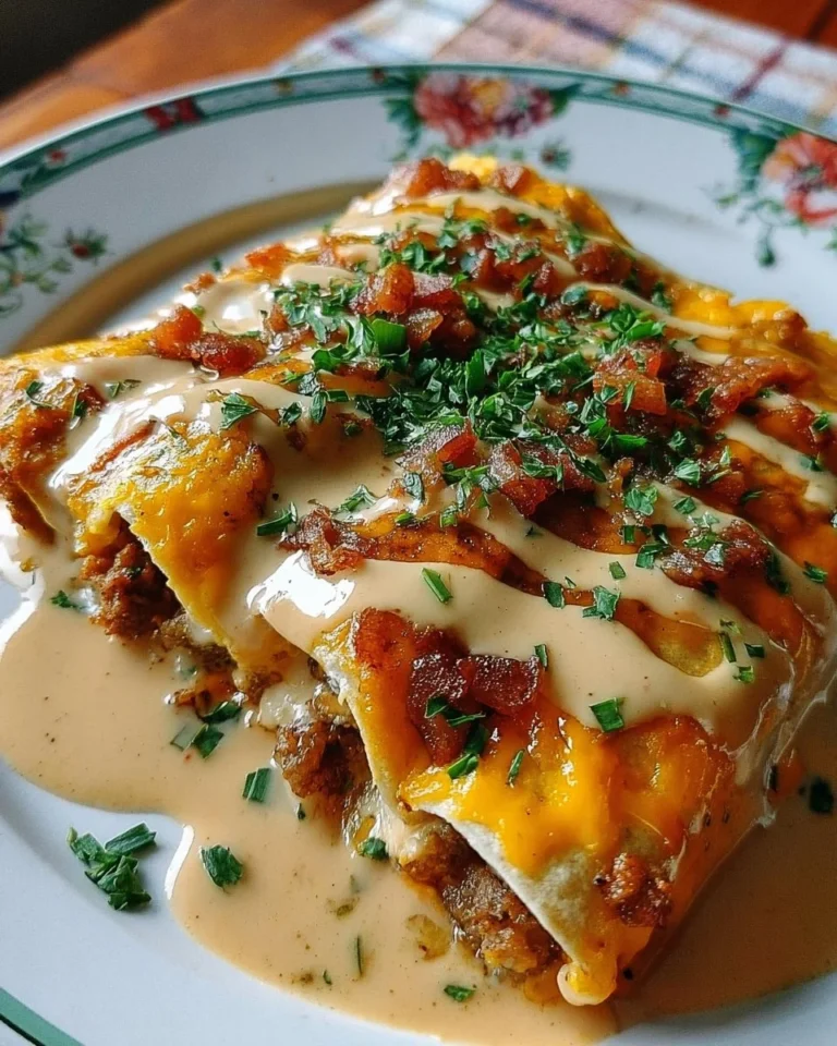 Southern breakfast enchiladas topped with creamy sausage gravy on a plate.