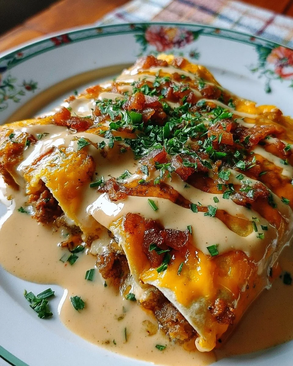 Southern breakfast enchiladas topped with creamy sausage gravy on a plate.