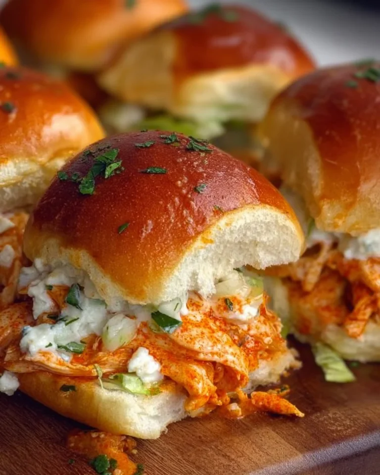 Delicious Spicy Buffalo Chicken Sliders served on a platter.