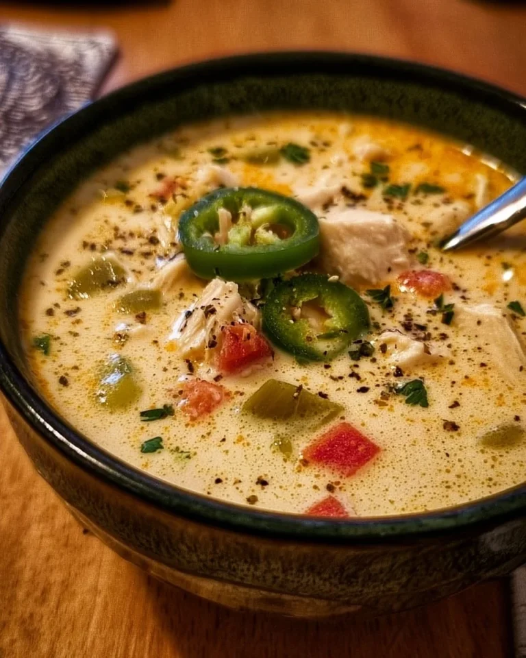 Creamy spicy jalapeño popper chicken soup in a bowl