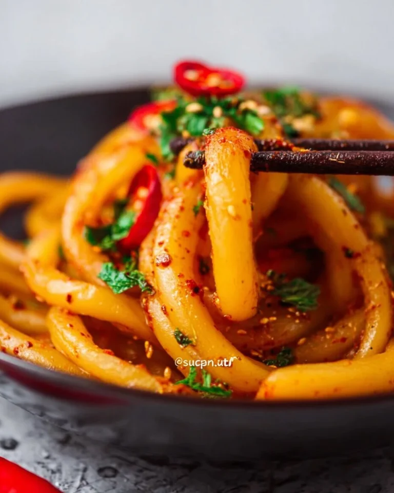 Spicy potato noodles dish garnished with herbs and spices