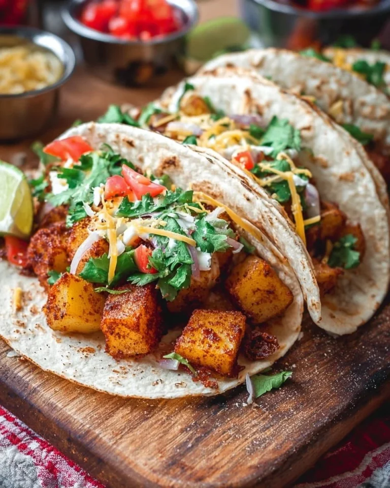 Spicy potato soft taco garnished with fresh herbs and served on a plate