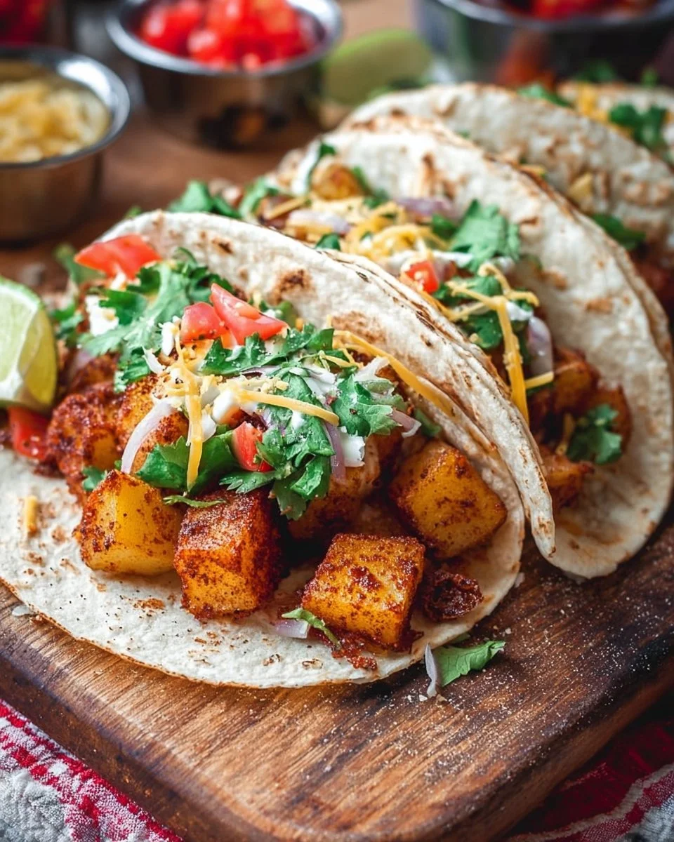 Spicy potato soft taco garnished with fresh herbs and served on a plate