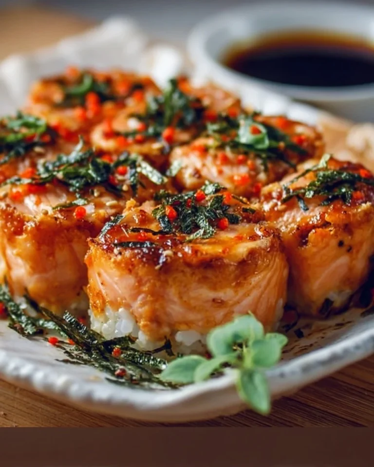 Spicy Salmon Sushi Bake served in a baking dish with fresh ingredients