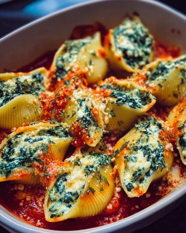 Delicious spinach and ricotta stuffed shells served in a creamy tomato sauce
