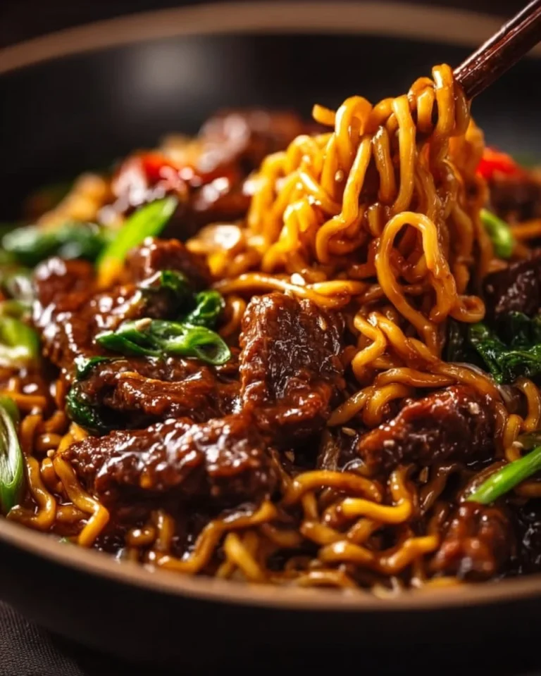Delicious sticky beef noodles served in a bowl with fresh herbs and vegetables.
