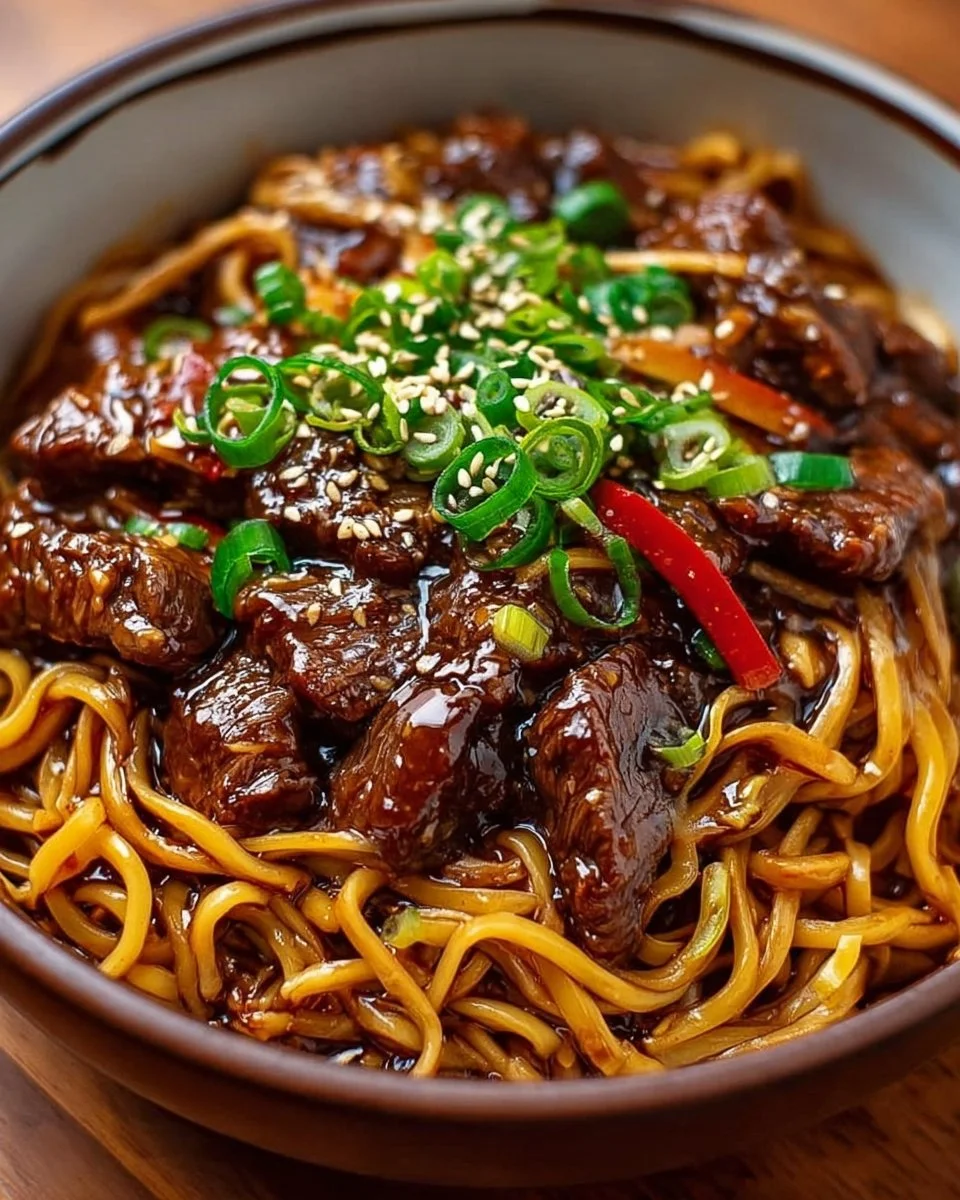 Delicious sticky beef noodles topped with fresh herbs and spices.