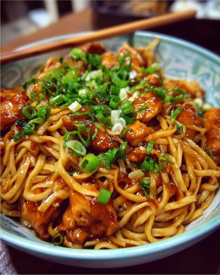 Delicious sticky garlic chicken noodles served in a bowl