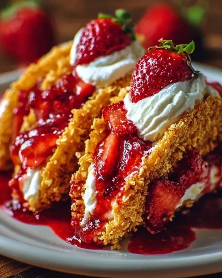 Strawberry Crunch Cheesecake Tacos with crispy shell and creamy filling