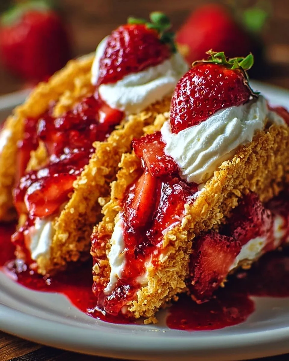Strawberry Crunch Cheesecake Tacos with crispy shell and creamy filling