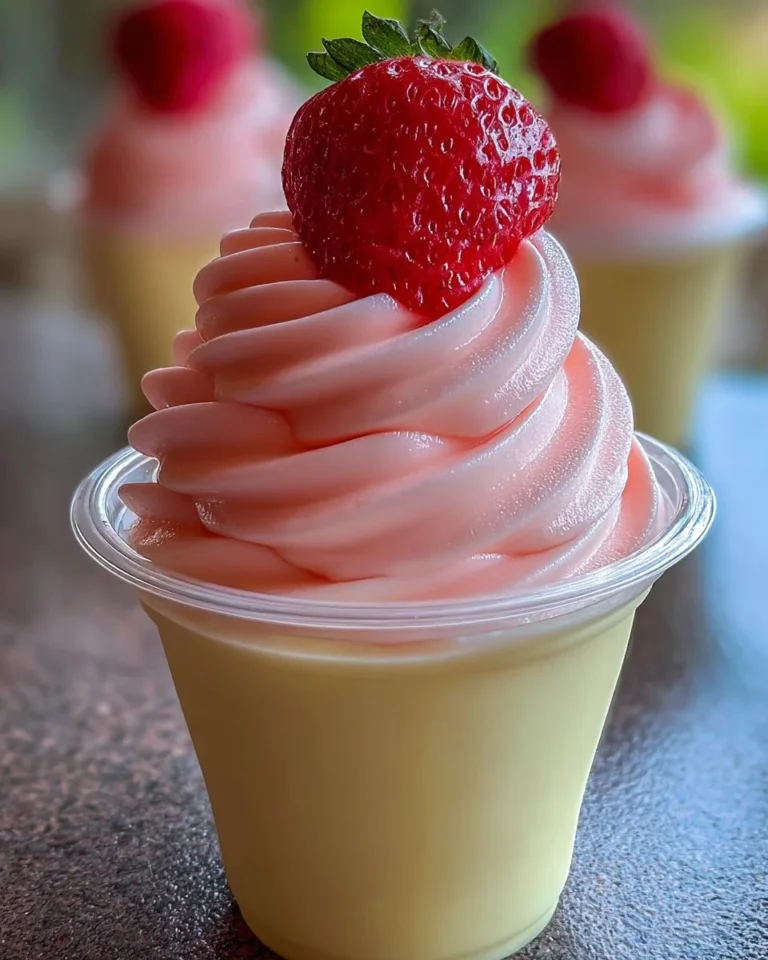 Delicious Strawberry Dole Whip dessert served in a bowl.