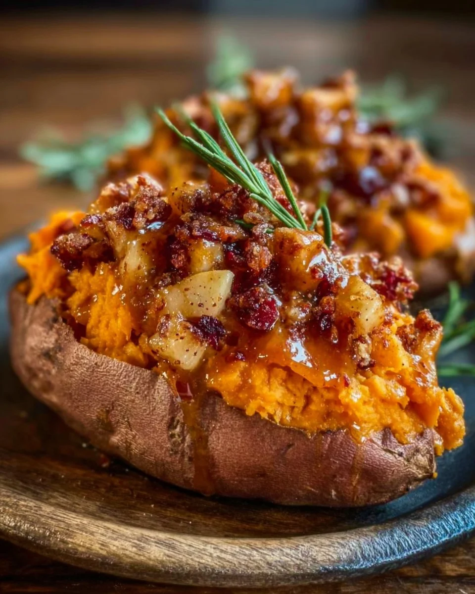 Stuffed sweet potatoes topped with spiced apples for a flavorful dish