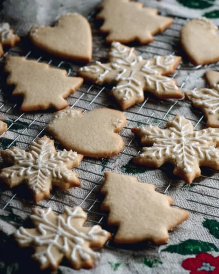 Decorated sugar cut out cookies on a festive background
