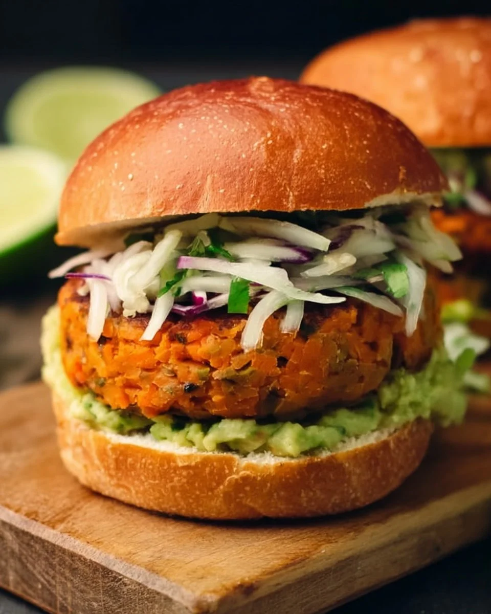 Delicious sweet potato burgers served on a plate with fresh toppings.