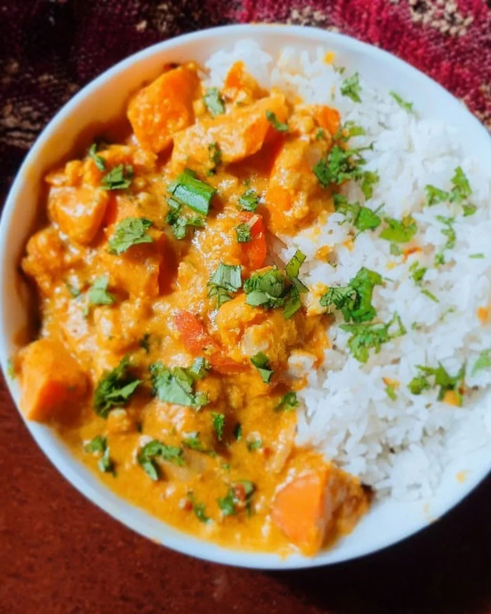 Bowl of delicious sweet potato curry with fresh herbs and spices