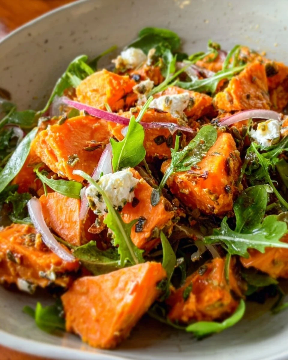 Colorful sweet potato salad with fresh vegetables and dressing in a bowl.