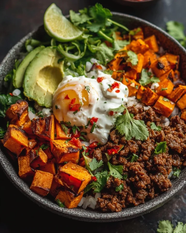 Delicious sweet potato taco bowl topped with fresh ingredients