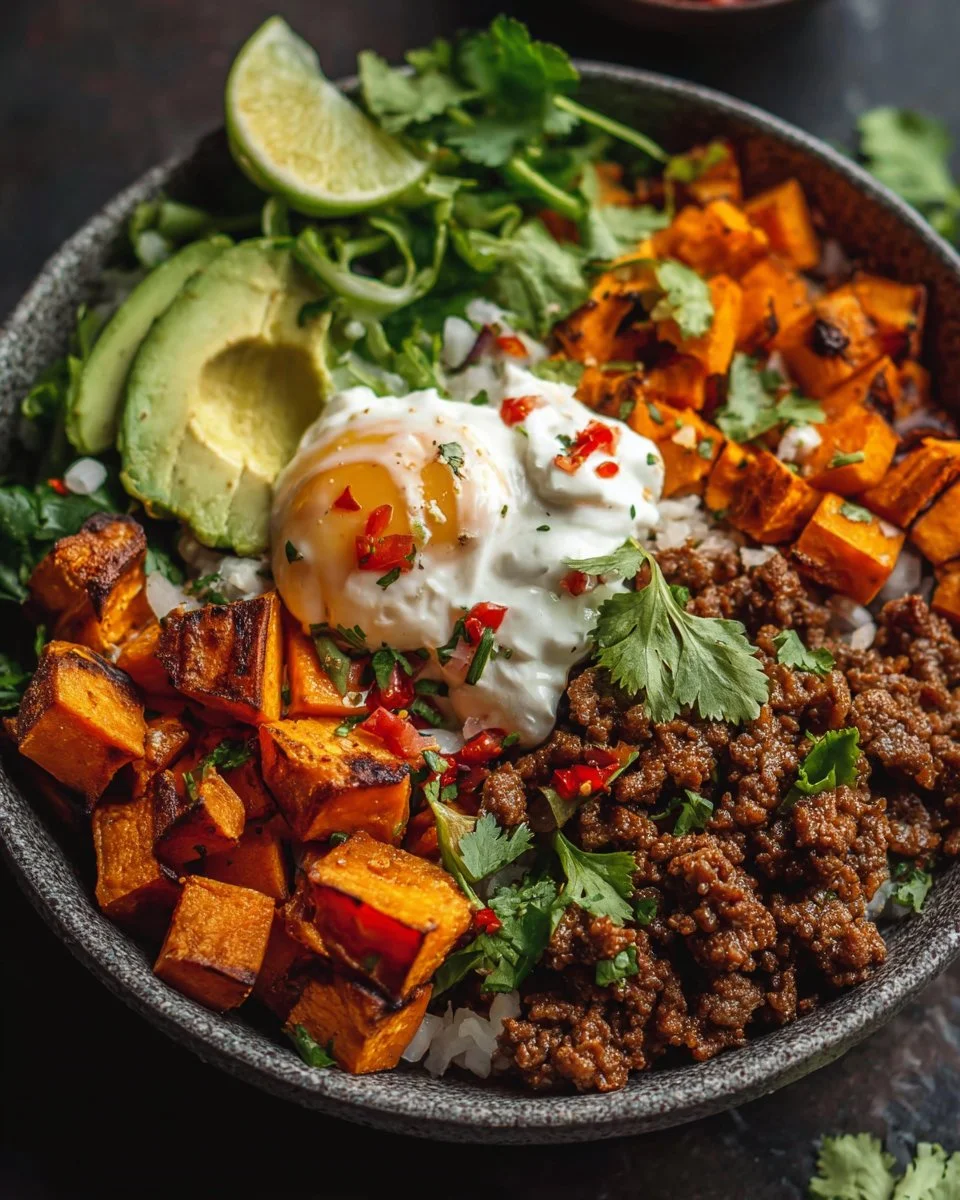 Delicious sweet potato taco bowl topped with fresh ingredients
