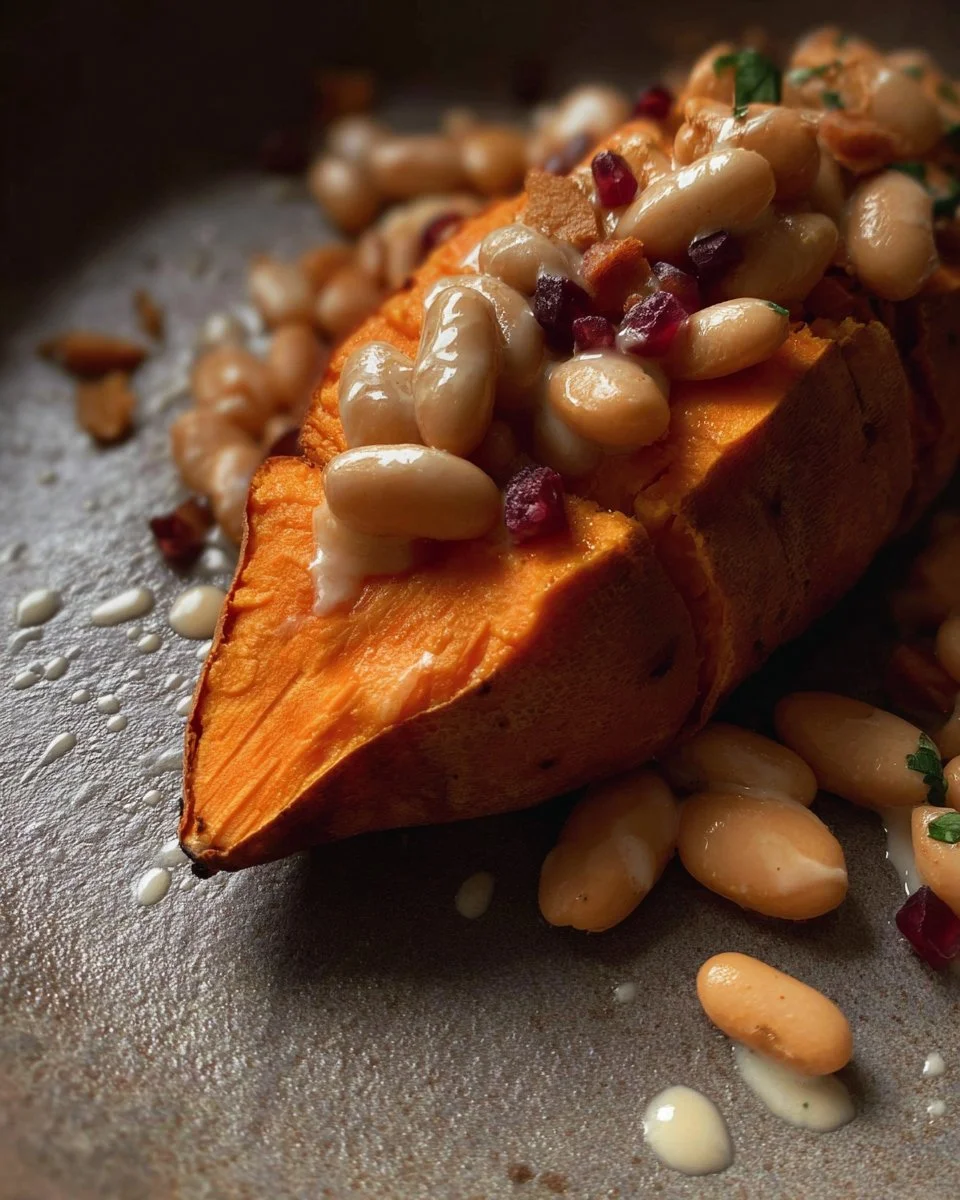 Plate of sweet potato with butter beans crunch garnish.