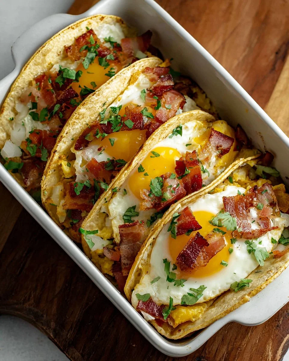 Tasty baked breakfast tacos filled with eggs, cheese, and veggies
