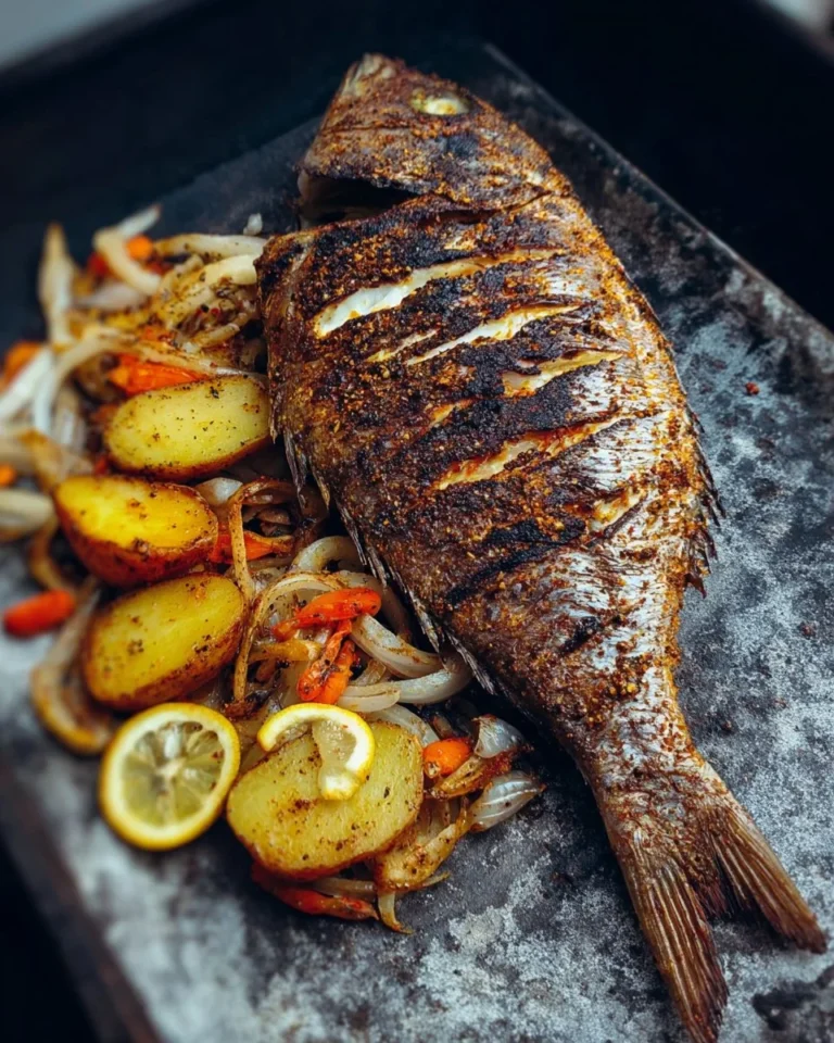 Delicious oven grilled fish recipe served on a plate with herbs and lemon slices.