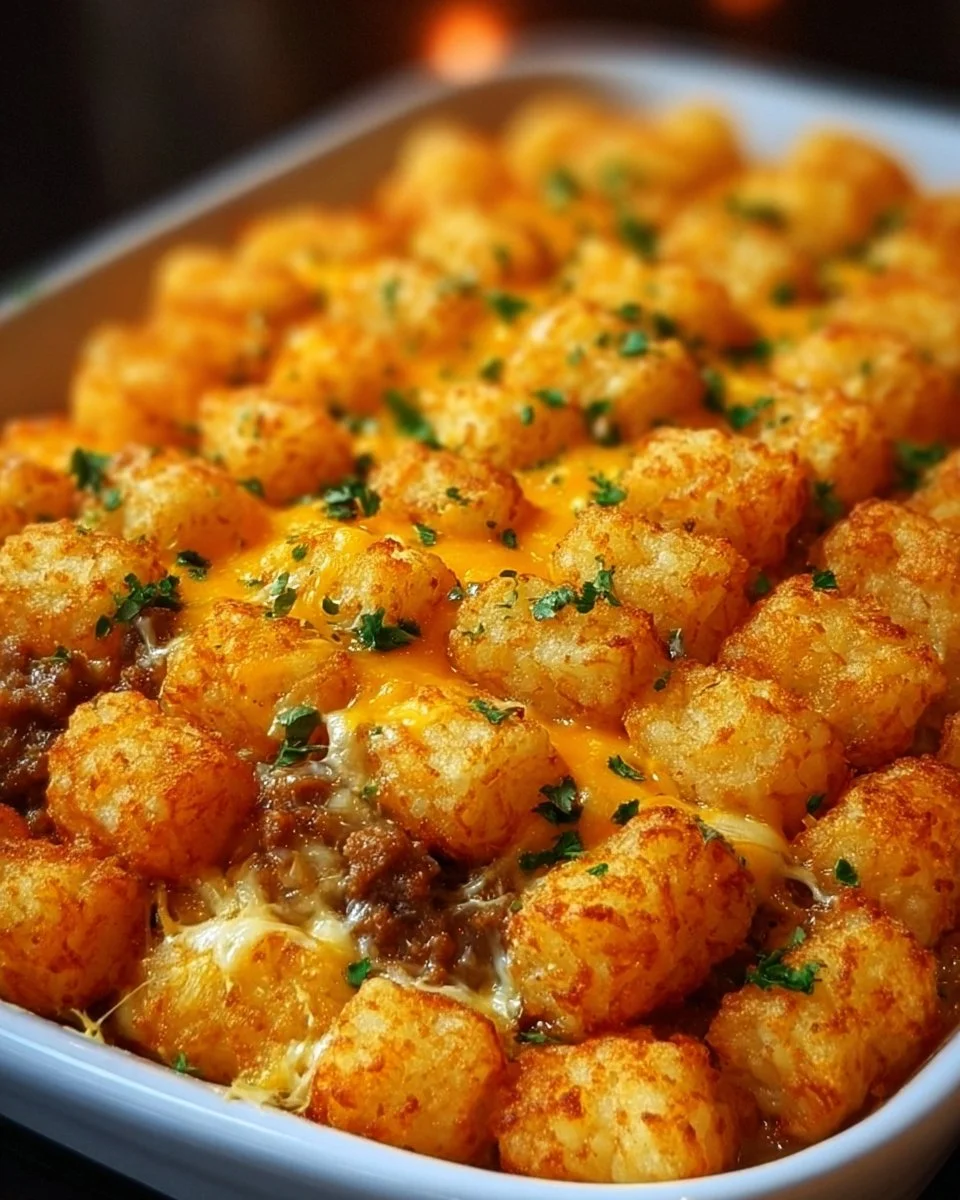 Delicious Tater Tot Casserole served in a baking dish