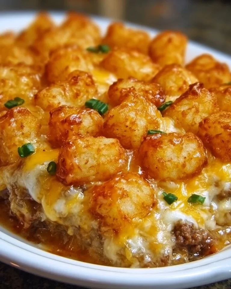 Loaded tater tot casserole with meat, cheese, and vegetables.
