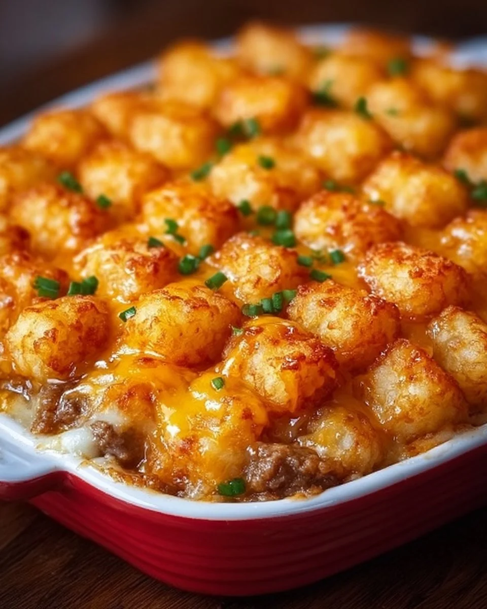 Delicious homemade Tater Tot Casserole baked to perfection